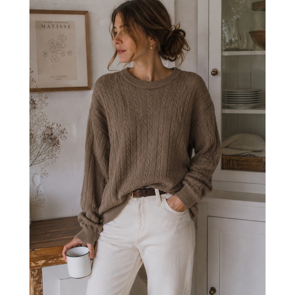 Vintage Lord & Taylor Men's Cashmere Wool Cable Knit Sweater Tan Crew Neck- L